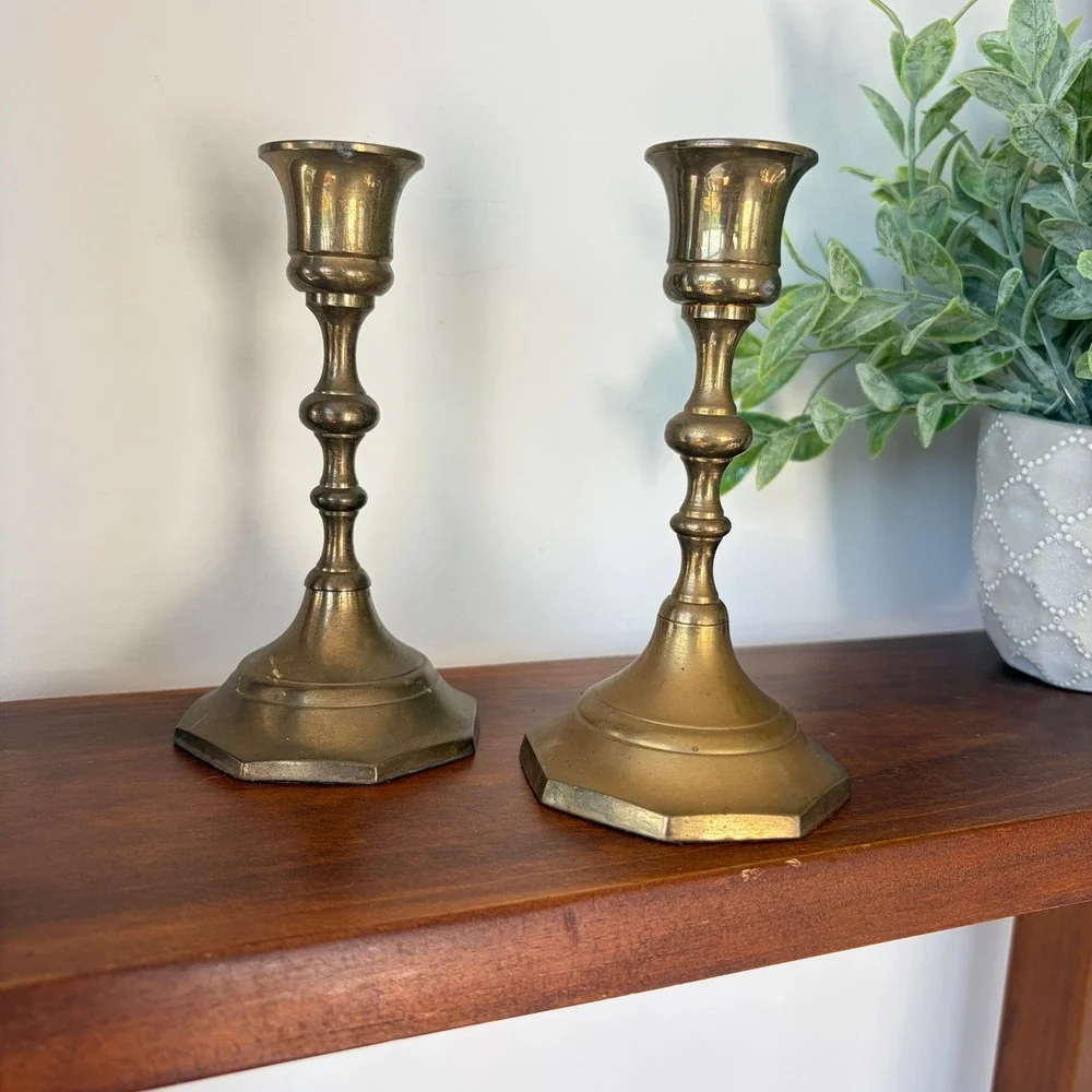 Vintage Solid Brass Candlestick Holders Pair Octagon Base Made in India 6 Inch